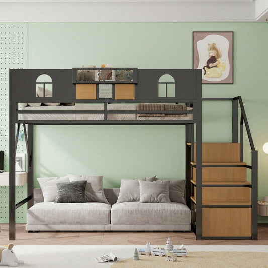 Metall-Hochbett 140 x 200 cm, Mit Stauraumleiter, Fenster, Holzplatten und Netzgewebe, Einzigartige Erhöhte Umzäunung, Ablagefläche Am Bett, Stabiler Metallrahmen, Schwarz
