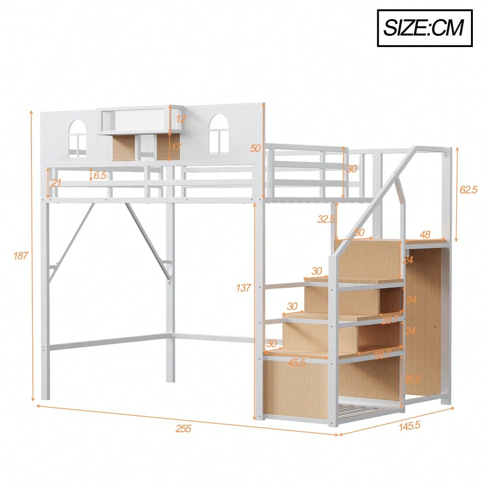 Metall-Hochbett 140 x 200 cm, Mit Stauraumleiter, Fenster, Holzplatten und Netzgewebe, Einzigartige Erhöhte Umzäunung, Ablagefläche Am Bett, Stabiler Metallrahmen, Weiß