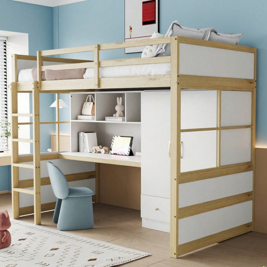 Hochbett 90 x 200 cm, Mit Leiter, Mit Schreibtisch mit Stauraum, Mit Kleiderschrank und Schubladen, Kinderbett, Jugendbett, Einzelbett, Holzfarbe