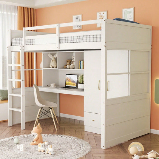 Hochbett 90 x 200 cm, Mit Leiter, Mit Schreibtisch mit Stauraum, Mit Kleiderschrank und Schubladen, Kinderbett, Jugendbett, Einzelbett, Weiß