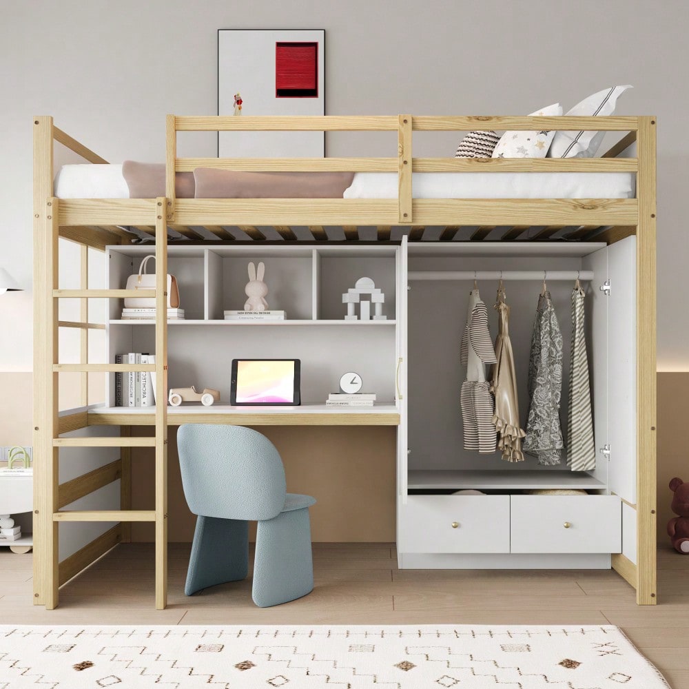 Hochbett 90 x 200 cm, Mit Leiter, Mit Schreibtisch mit Stauraum, Mit Kleiderschrank und Schubladen, Kinderbett, Jugendbett, Einzelbett, Holzfarbe