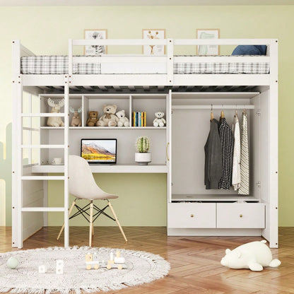Hochbett 90 x 200 cm, Mit Leiter, Mit Schreibtisch mit Stauraum, Mit Kleiderschrank und Schubladen, Kinderbett, Jugendbett, Einzelbett, Weiß
