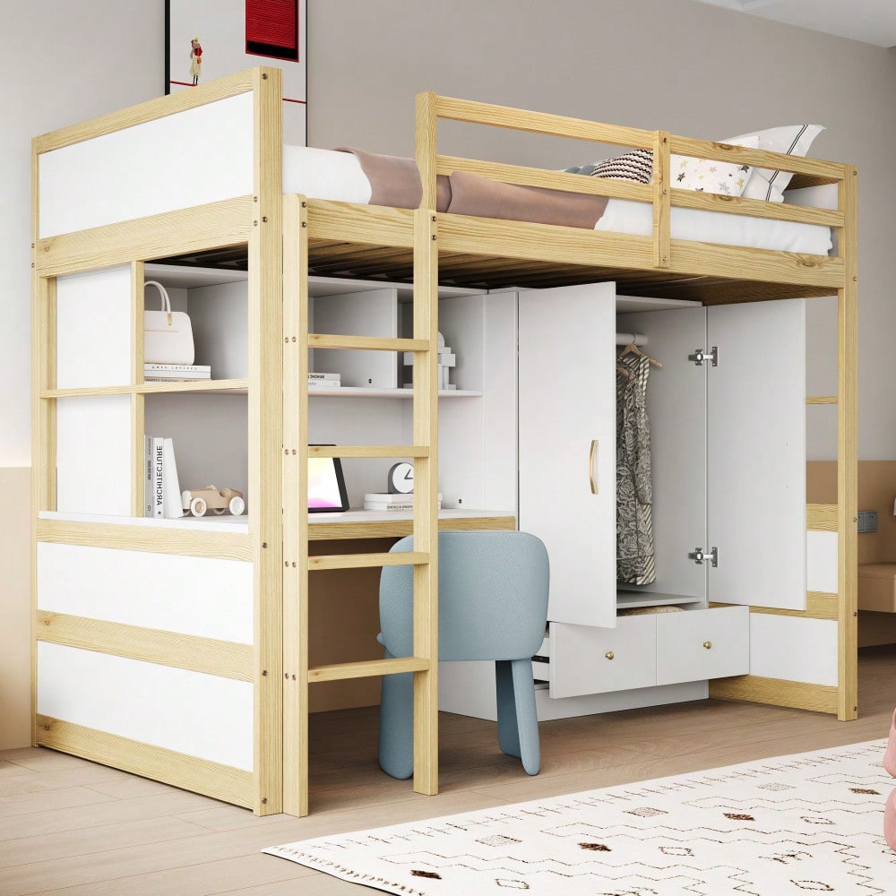 Hochbett 90 x 200 cm, Mit Leiter, Mit Schreibtisch mit Stauraum, Mit Kleiderschrank und Schubladen, Kinderbett, Jugendbett, Einzelbett, Holzfarbe