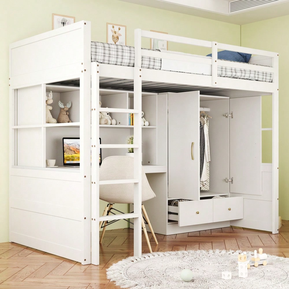 Hochbett 90 x 200 cm, Mit Leiter, Mit Schreibtisch mit Stauraum, Mit Kleiderschrank und Schubladen, Kinderbett, Jugendbett, Einzelbett, Weiß
