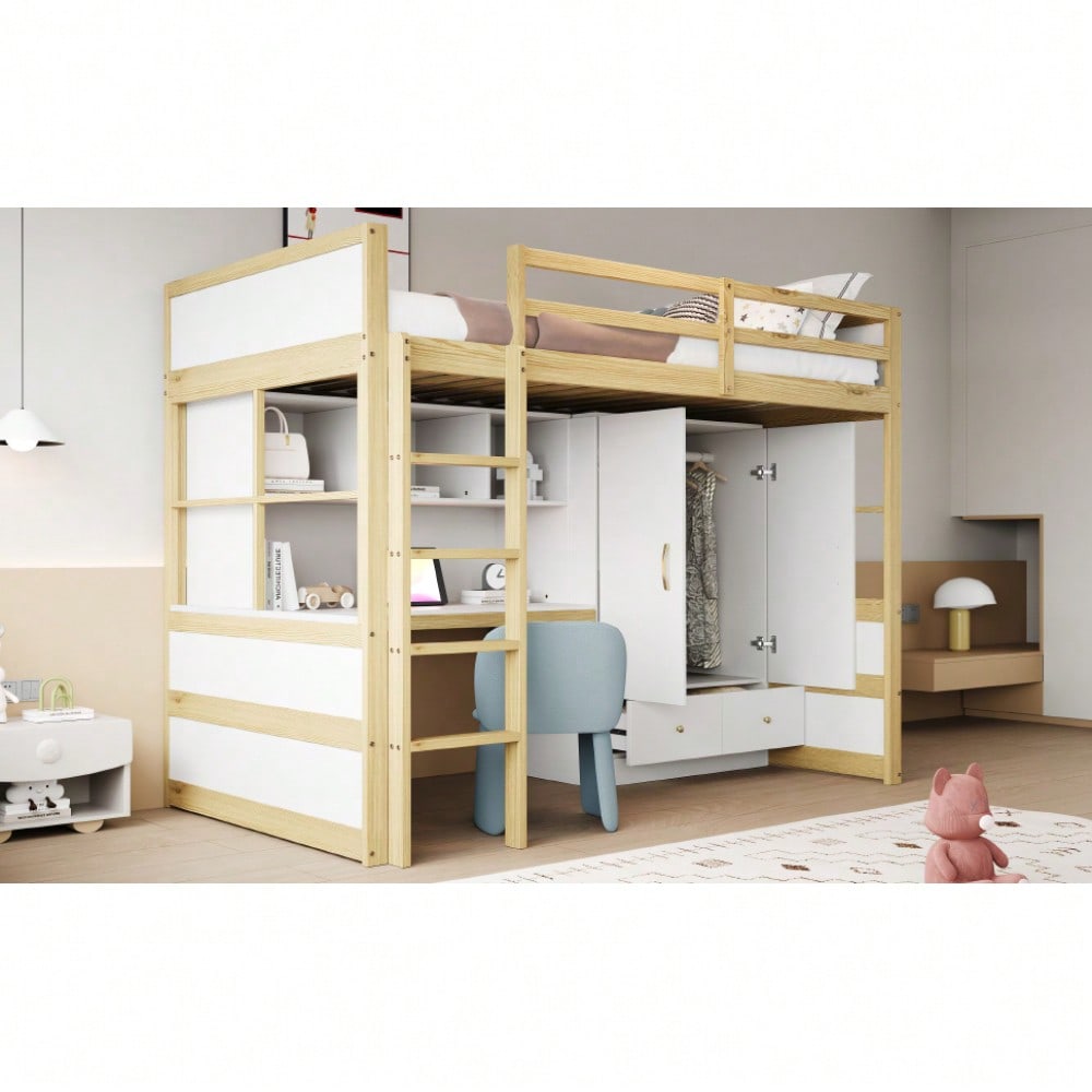 Hochbett 90 x 200 cm, Mit Leiter, Mit Schreibtisch mit Stauraum, Mit Kleiderschrank und Schubladen, Kinderbett, Jugendbett, Einzelbett, Holzfarbe