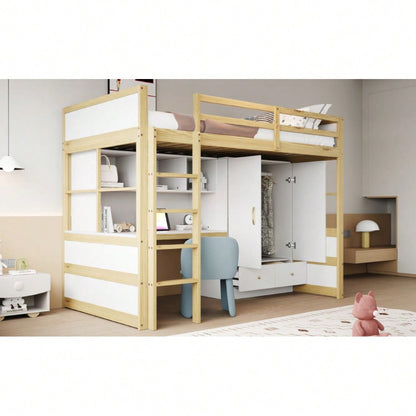 Hochbett 90 x 200 cm, Mit Leiter, Mit Schreibtisch mit Stauraum, Mit Kleiderschrank und Schubladen, Kinderbett, Jugendbett, Einzelbett, Holzfarbe