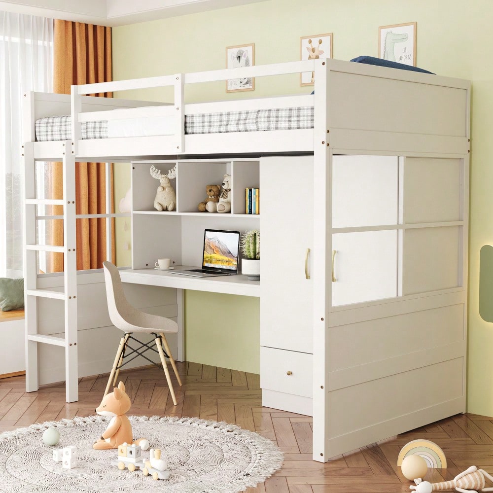 Hochbett 90 x 200 cm, Mit Leiter, Mit Schreibtisch mit Stauraum, Mit Kleiderschrank und Schubladen, Kinderbett, Jugendbett, Einzelbett, Weiß