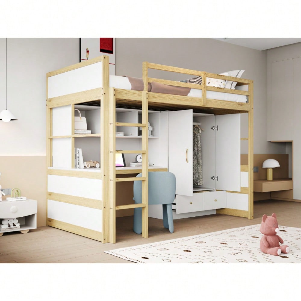 Hochbett 90 x 200 cm, Mit Leiter, Mit Schreibtisch mit Stauraum, Mit Kleiderschrank und Schubladen, Kinderbett, Jugendbett, Einzelbett, Holzfarbe