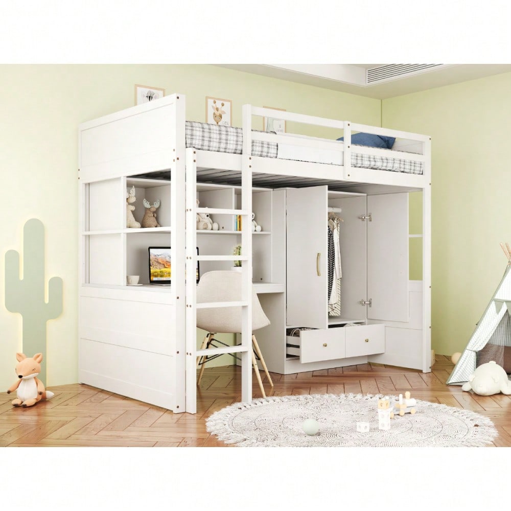 Hochbett 90 x 200 cm, Mit Leiter, Mit Schreibtisch mit Stauraum, Mit Kleiderschrank und Schubladen, Kinderbett, Jugendbett, Einzelbett, Weiß