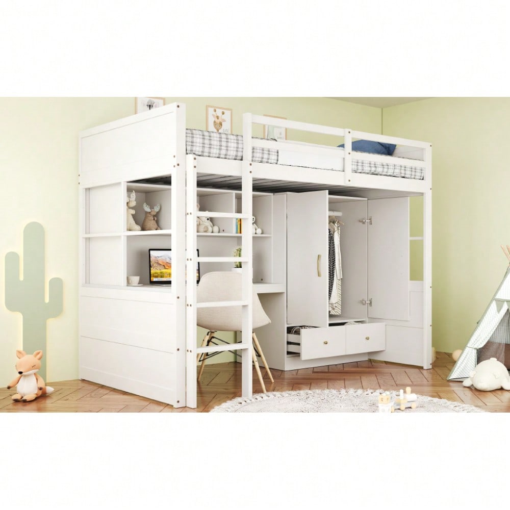 Hochbett 90 x 200 cm, Mit Leiter, Mit Schreibtisch mit Stauraum, Mit Kleiderschrank und Schubladen, Kinderbett, Jugendbett, Einzelbett, Weiß
