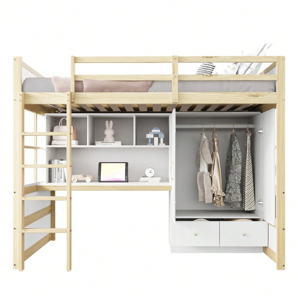 Hochbett 90 x 200 cm, Mit Leiter, Mit Schreibtisch mit Stauraum, Mit Kleiderschrank und Schubladen, Kinderbett, Jugendbett, Einzelbett, Holzfarbe