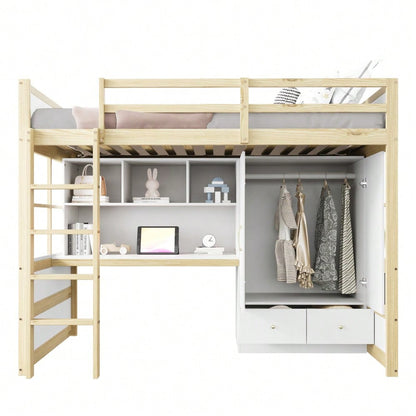 Hochbett 90 x 200 cm, Mit Leiter, Mit Schreibtisch mit Stauraum, Mit Kleiderschrank und Schubladen, Kinderbett, Jugendbett, Einzelbett, Holzfarbe