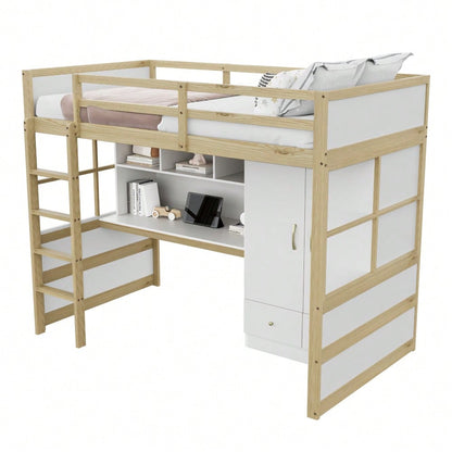 Hochbett 90 x 200 cm, Mit Leiter, Mit Schreibtisch mit Stauraum, Mit Kleiderschrank und Schubladen, Kinderbett, Jugendbett, Einzelbett, Holzfarbe