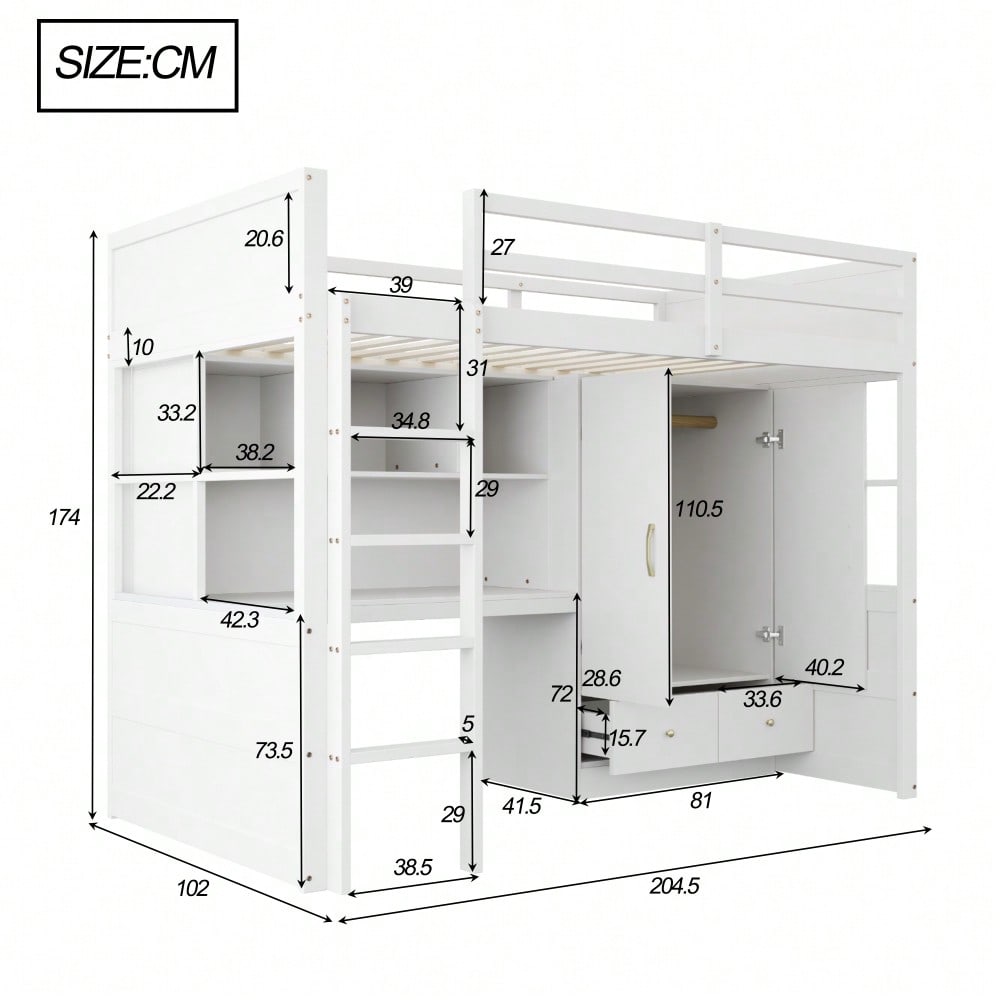 Hochbett 90 x 200 cm, Mit Leiter, Mit Schreibtisch mit Stauraum, Mit Kleiderschrank und Schubladen, Kinderbett, Jugendbett, Einzelbett, Weiß