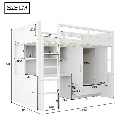 Hochbett 90 x 200 cm, Mit Leiter, Mit Schreibtisch mit Stauraum, Mit Kleiderschrank und Schubladen, Kinderbett, Jugendbett, Einzelbett, Weiß