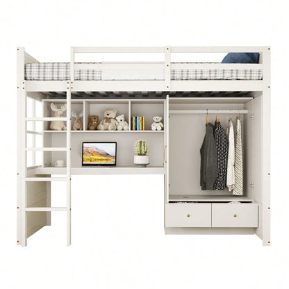 Hochbett 90 x 200 cm, Mit Leiter, Mit Schreibtisch mit Stauraum, Mit Kleiderschrank und Schubladen, Kinderbett, Jugendbett, Einzelbett, Weiß