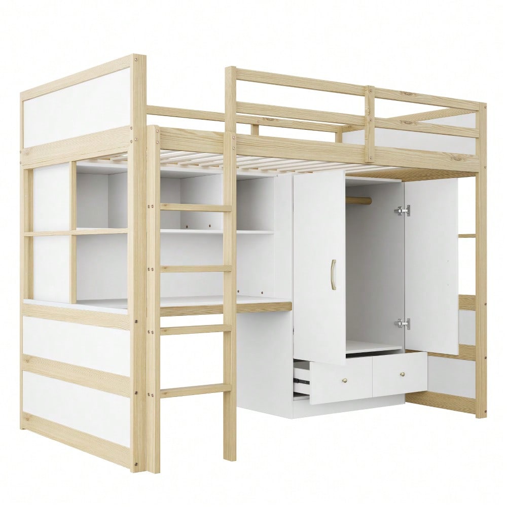 Hochbett 90 x 200 cm, Mit Leiter, Mit Schreibtisch mit Stauraum, Mit Kleiderschrank und Schubladen, Kinderbett, Jugendbett, Einzelbett, Holzfarbe