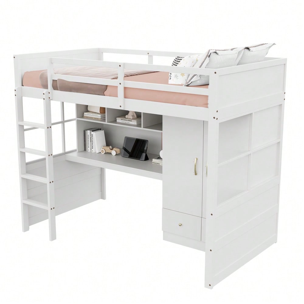 Hochbett 90 x 200 cm, Mit Leiter, Mit Schreibtisch mit Stauraum, Mit Kleiderschrank und Schubladen, Kinderbett, Jugendbett, Einzelbett, Weiß