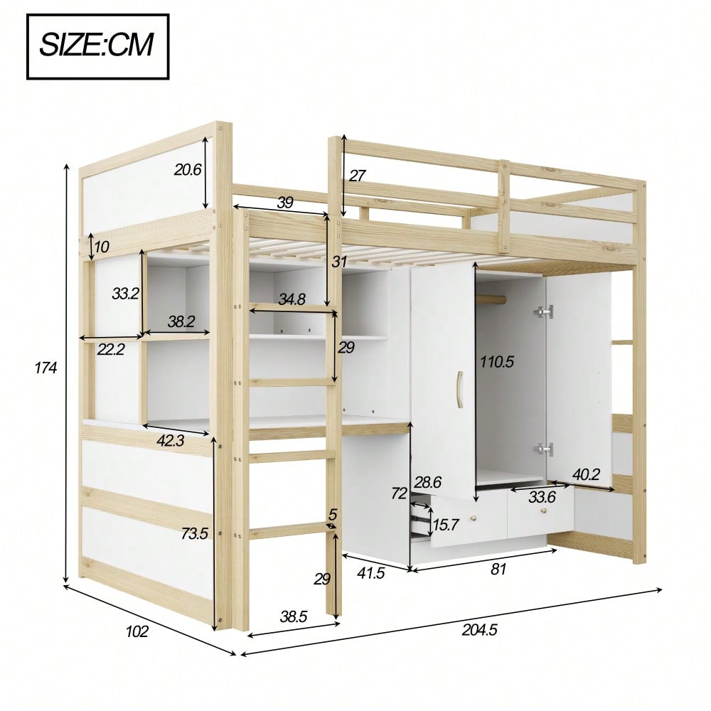 Hochbett 90 x 200 cm, Mit Leiter, Mit Schreibtisch mit Stauraum, Mit Kleiderschrank und Schubladen, Kinderbett, Jugendbett, Einzelbett, Holzfarbe