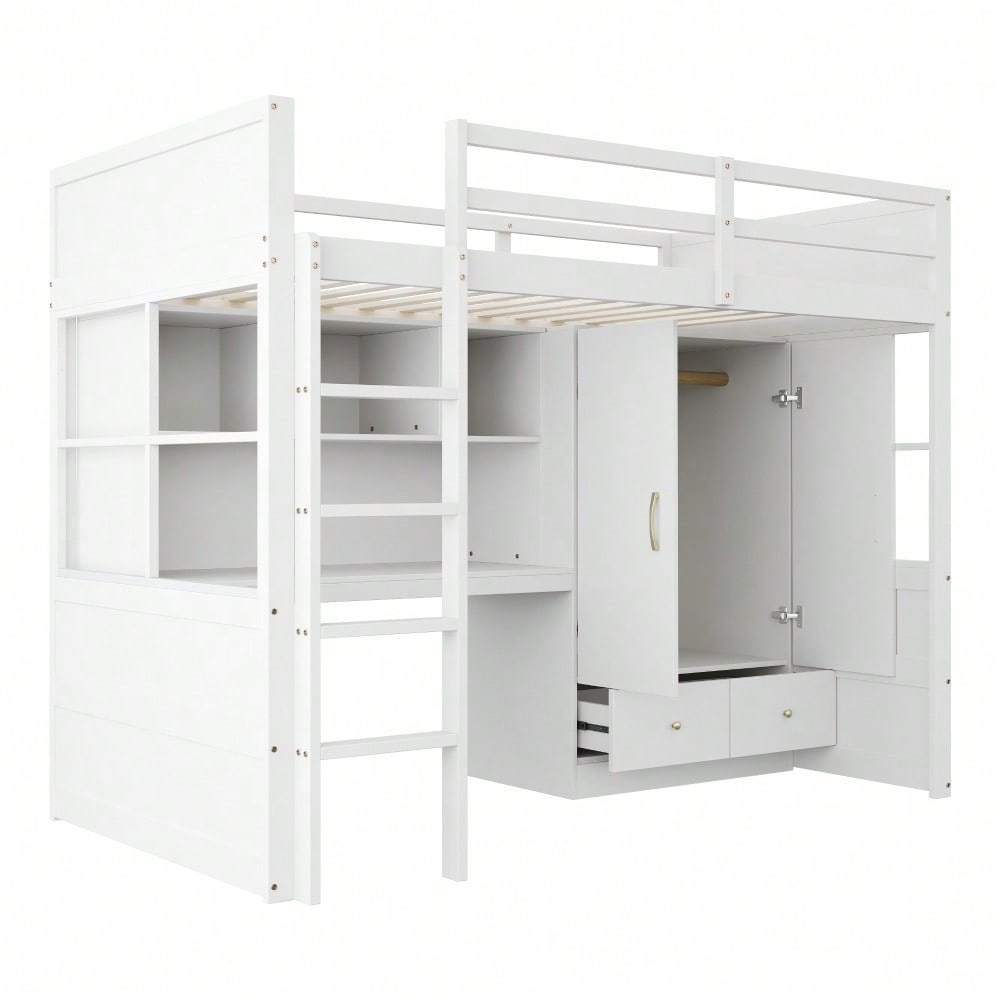 Hochbett 90 x 200 cm, Mit Leiter, Mit Schreibtisch mit Stauraum, Mit Kleiderschrank und Schubladen, Kinderbett, Jugendbett, Einzelbett, Weiß