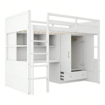 Hochbett 90 x 200 cm, Mit Leiter, Mit Schreibtisch mit Stauraum, Mit Kleiderschrank und Schubladen, Kinderbett, Jugendbett, Einzelbett, Weiß