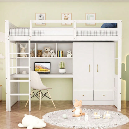 Hochbett 90 x 200 cm, Mit Leiter, Mit Schreibtisch mit Stauraum, Mit Kleiderschrank und Schubladen, Kinderbett, Jugendbett, Einzelbett, Weiß