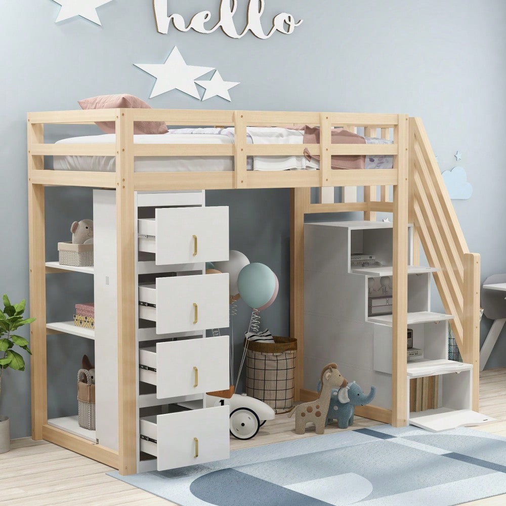 Hochbett 90 x 200 cm mit Stauraumschubladen, Mehrstöckigem Regal, Sicherer Leiter Mit Stauraumschubladen, Multifunktionales Massivholzbett, Holzfarbe. Alte SKU: LDB00277AAN