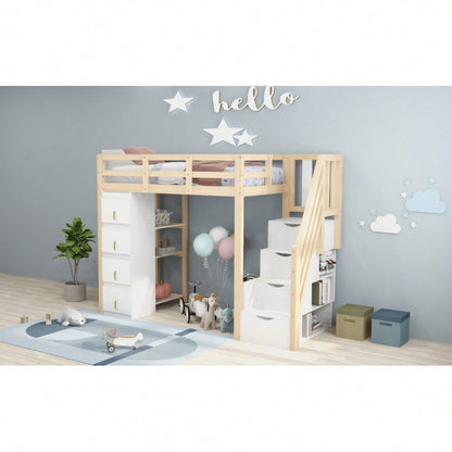Hochbett 90 x 200 cm mit Stauraumschubladen, Mehrstöckigem Regal, Sicherer Leiter Mit Stauraumschubladen, Multifunktionales Massivholzbett, Holzfarbe. Alte SKU: LDB00277AAN