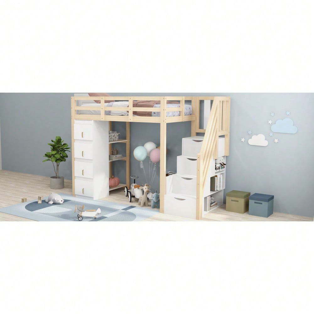 Hochbett 90 x 200 cm mit Stauraumschubladen, Mehrstöckigem Regal, Sicherer Leiter Mit Stauraumschubladen, Multifunktionales Massivholzbett, Holzfarbe. Alte SKU: LDB00277AAN