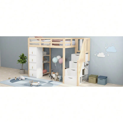 Hochbett 90 x 200 cm mit Stauraumschubladen, Mehrstöckigem Regal, Sicherer Leiter Mit Stauraumschubladen, Multifunktionales Massivholzbett, Holzfarbe. Alte SKU: LDB00277AAN