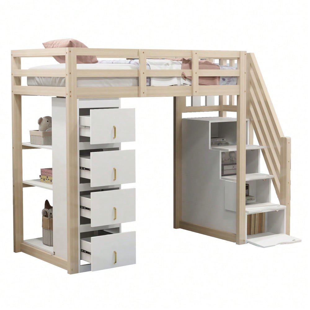 Hochbett 90 x 200 cm mit Stauraumschubladen, Mehrstöckigem Regal, Sicherer Leiter Mit Stauraumschubladen, Multifunktionales Massivholzbett, Holzfarbe. Alte SKU: LDB00277AAN