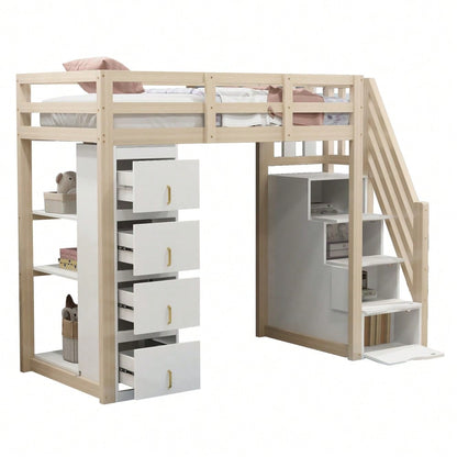 Hochbett 90 x 200 cm mit Stauraumschubladen, Mehrstöckigem Regal, Sicherer Leiter Mit Stauraumschubladen, Multifunktionales Massivholzbett, Holzfarbe. Alte SKU: LDB00277AAN