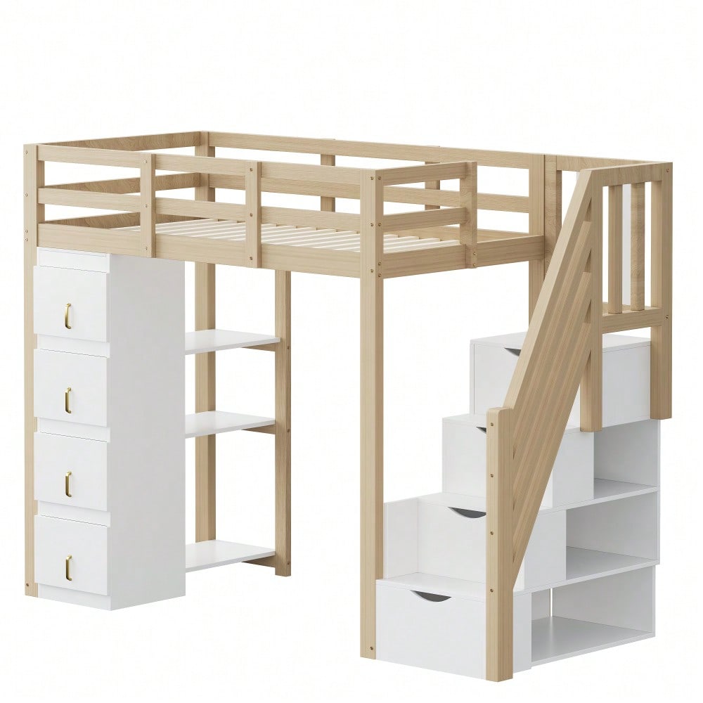Hochbett 90 x 200 cm mit Stauraumschubladen, Mehrstöckigem Regal, Sicherer Leiter Mit Stauraumschubladen, Multifunktionales Massivholzbett, Holzfarbe. Alte SKU: LDB00277AAN