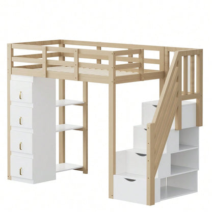 Hochbett 90 x 200 cm mit Stauraumschubladen, Mehrstöckigem Regal, Sicherer Leiter Mit Stauraumschubladen, Multifunktionales Massivholzbett, Holzfarbe. Alte SKU: LDB00277AAN