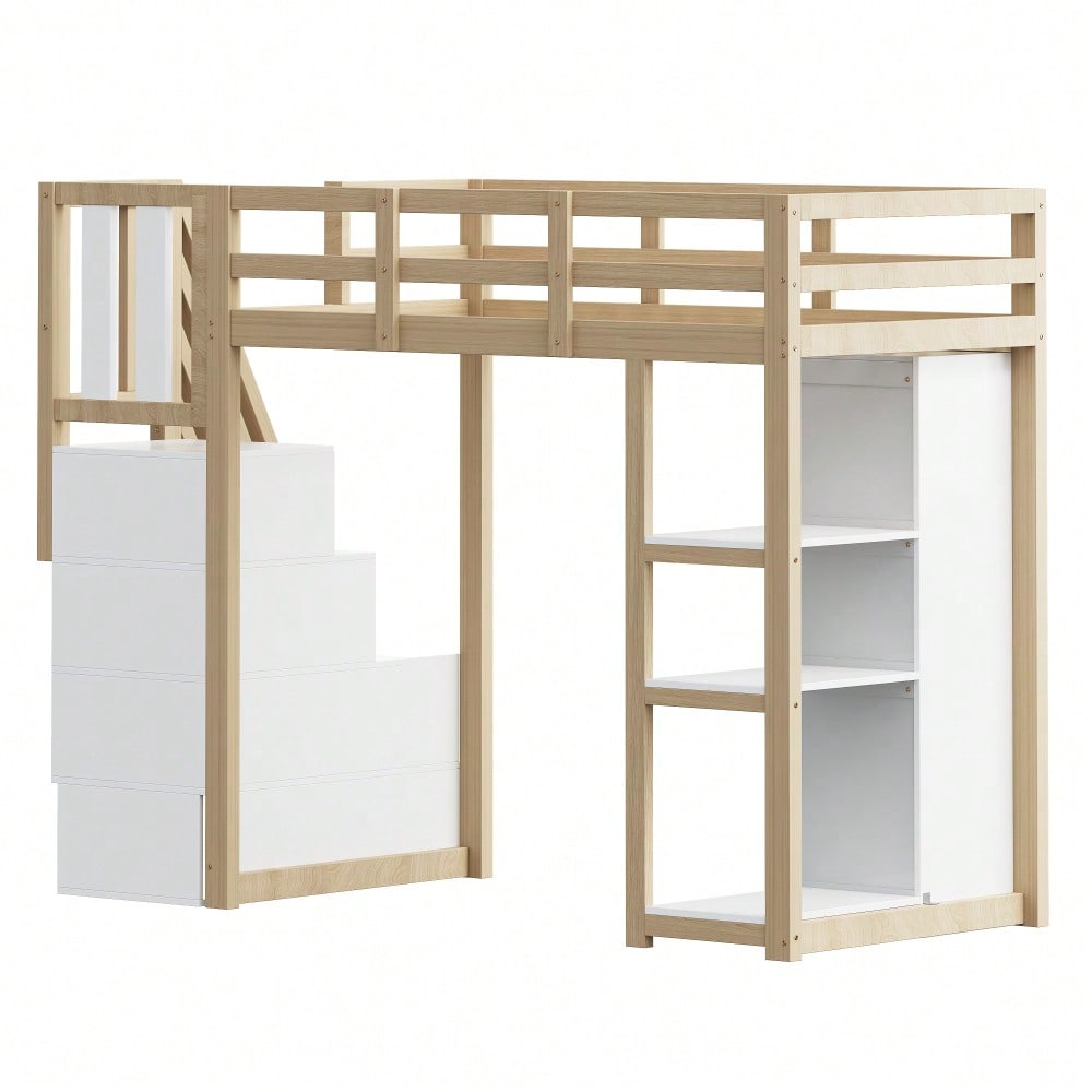 Hochbett 90 x 200 cm mit Stauraumschubladen, Mehrstöckigem Regal, Sicherer Leiter Mit Stauraumschubladen, Multifunktionales Massivholzbett, Holzfarbe. Alte SKU: LDB00277AAN