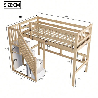 Massivholzbett 140*200, Treppe mit Stauschrank, hohes Geländer, Kinderbett, Jugendbett, Massivholzbettgestell, Holzfarbe (Vecchio SKU: LDB00165AAN)