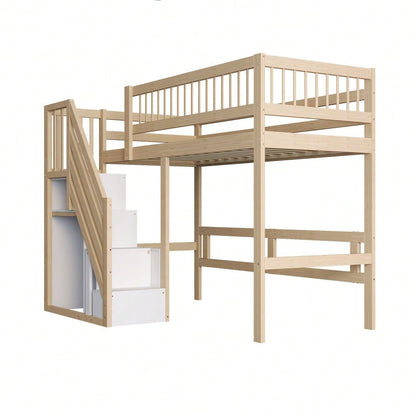 Massivholzbett 140*200, Treppe mit Stauschrank, hohes Geländer, Kinderbett, Jugendbett, Massivholzbettgestell, Holzfarbe (Vecchio SKU: LDB00165AAN)