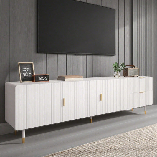 TV-Schrank mit Schubladen, TV-Möbel mit goldenen Griffen, goldenen Beinen und verstellbaren Füßen. Türen mit Regalen.