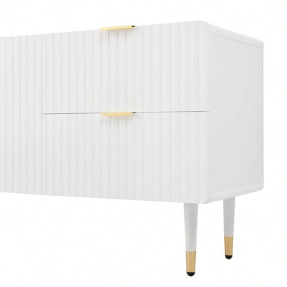TV-Schrank mit Schubladen, TV-Möbel mit goldenen Griffen, goldenen Beinen und verstellbaren Füßen. Türen mit Regalen.