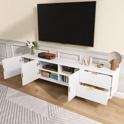 TV-Schrank mit Schubladen, TV-Möbel mit goldenen Griffen, goldenen Beinen und verstellbaren Füßen. Türen mit Regalen.