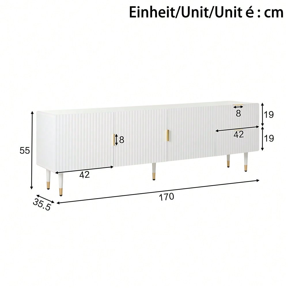 TV-Schrank mit Schubladen, TV-Möbel mit goldenen Griffen, goldenen Beinen und verstellbaren Füßen. Türen mit Regalen.