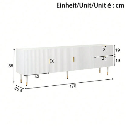 TV-Schrank mit Schubladen, TV-Möbel mit goldenen Griffen, goldenen Beinen und verstellbaren Füßen. Türen mit Regalen.