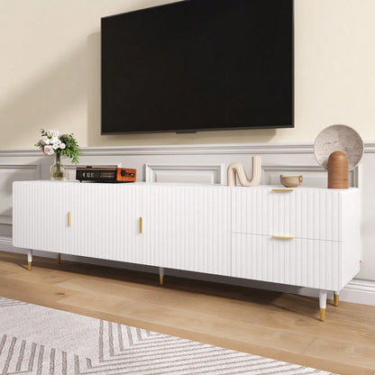 TV-Schrank mit Schubladen, TV-Möbel mit goldenen Griffen, goldenen Beinen und verstellbaren Füßen. Türen mit Regalen.