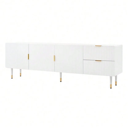 TV-Schrank mit Schubladen, TV-Möbel mit goldenen Griffen, goldenen Beinen und verstellbaren Füßen. Türen mit Regalen.