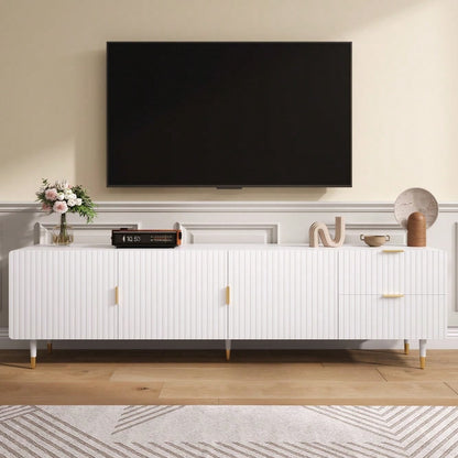 TV-Schrank mit Schubladen, TV-Möbel mit goldenen Griffen, goldenen Beinen und verstellbaren Füßen. Türen mit Regalen.