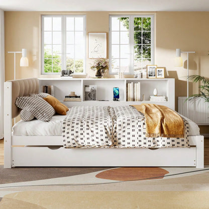 Daybett, Tagesbett, Schlafsofa, 140x200cm, Einzelbett(Ohne Matratze), mit ausziehbarem Bett, mit dimmbarer LED-Leiste, mit praktischem Regal, mit USB-Anschluss, 140x200cm,  Kiefernholz, Weiß