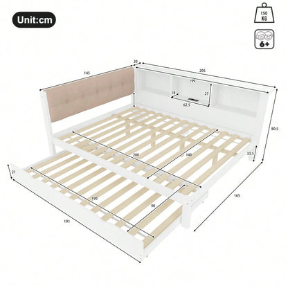 Daybett, Tagesbett, Schlafsofa, 140x200cm, Einzelbett(Ohne Matratze), mit ausziehbarem Bett, mit dimmbarer LED-Leiste, mit praktischem Regal, mit USB-Anschluss, 140x200cm,  Kiefernholz, Weiß