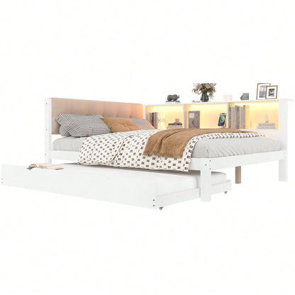 Daybett, Tagesbett, Schlafsofa, 140x200cm, Einzelbett(Ohne Matratze), mit ausziehbarem Bett, mit dimmbarer LED-Leiste, mit praktischem Regal, mit USB-Anschluss, 140x200cm,  Kiefernholz, Weiß