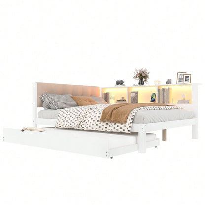 Daybett, Tagesbett, Schlafsofa, 140x200cm, Einzelbett(Ohne Matratze), mit ausziehbarem Bett, mit dimmbarer LED-Leiste, mit praktischem Regal, mit USB-Anschluss, 140x200cm,  Kiefernholz, Weiß