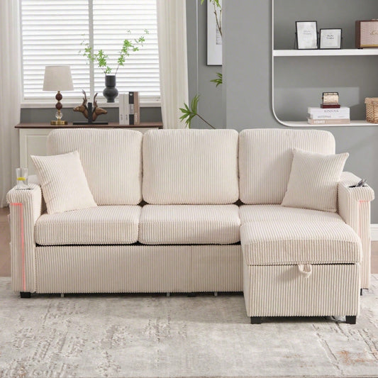 Hochwertiges Samtsofa mit LED-Beleuchtung & USB-C-Port, inklusive Stauraum-Fußteil, praktischen Getränkehaltern und Seitentaschen – Premium Qualität für Wohnzimmer, Schlafzimmer oder Büro.Beige